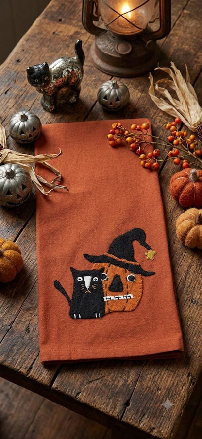 Primitive Halloween Cat and JOL Orange Towel - The Primitive Pineapple Collection