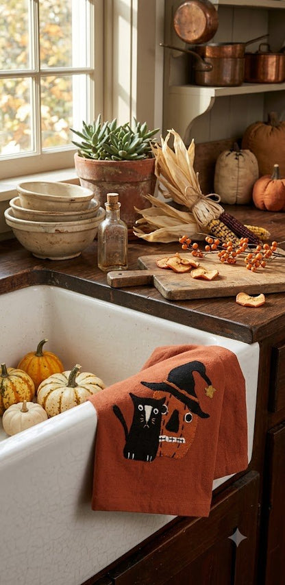 Primitive Halloween Cat and JOL Orange Towel - The Primitive Pineapple Collection