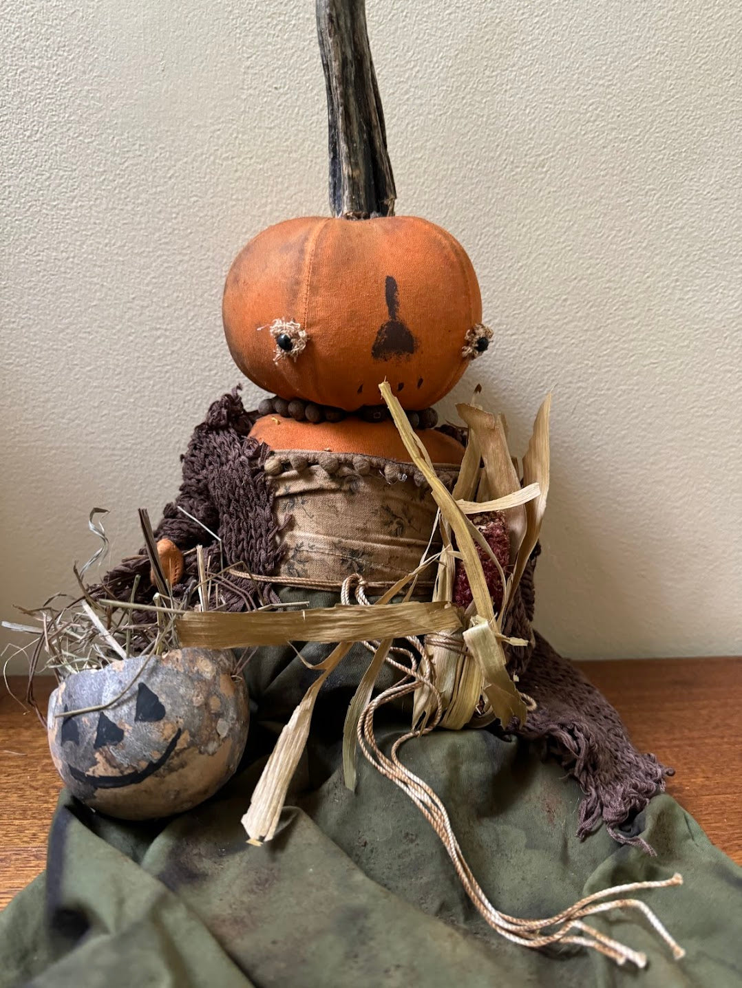 Primitive Handcrafted Pumpkin Doll Emily w/ Gourd JOL and Corn 12&quot;