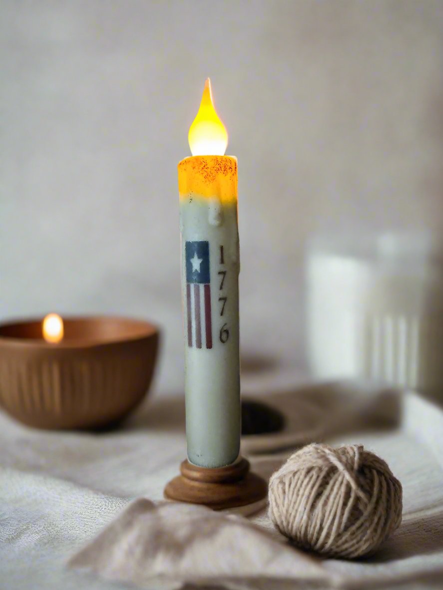 Primitive Handcrafted Patriotic 7" 1776 Flag Battery Operated Led Timer Taper Candle - The Primitive Pineapple Collection