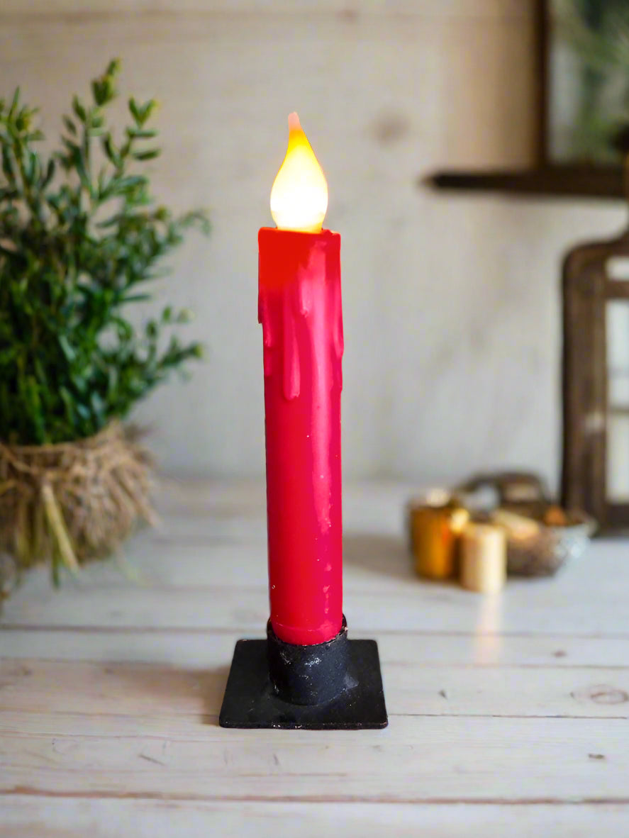 Primitive Handcrafted 7” Red Led Timer Taper Candle