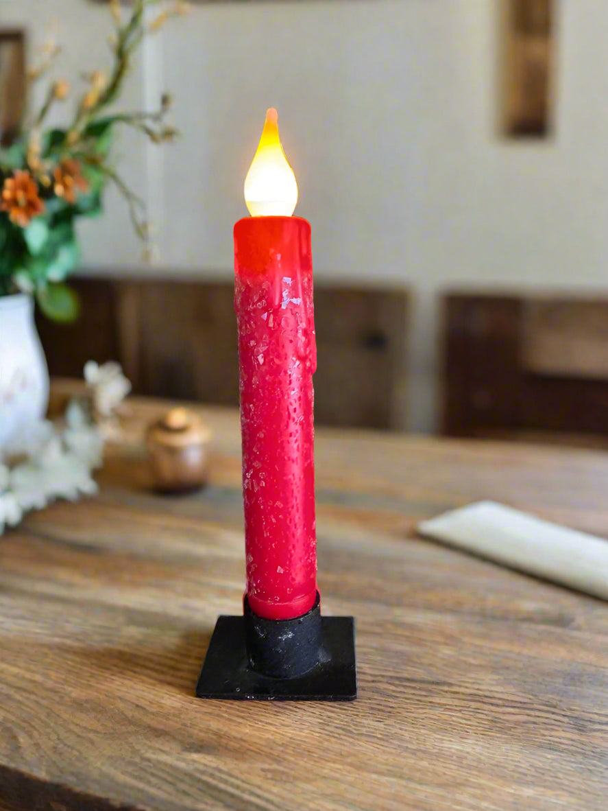 Primitive Handcrafted 7” Diamond Dust Red Led Timer Taper Candle