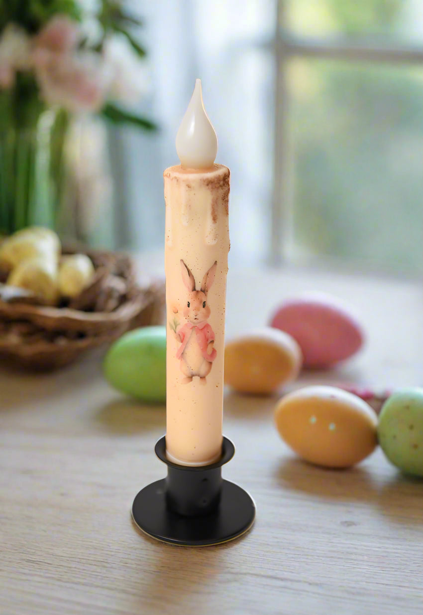 Primitive Handcrafted Spring Easter 7&quot; Flopsy with Flower Led Timer Taper Candle