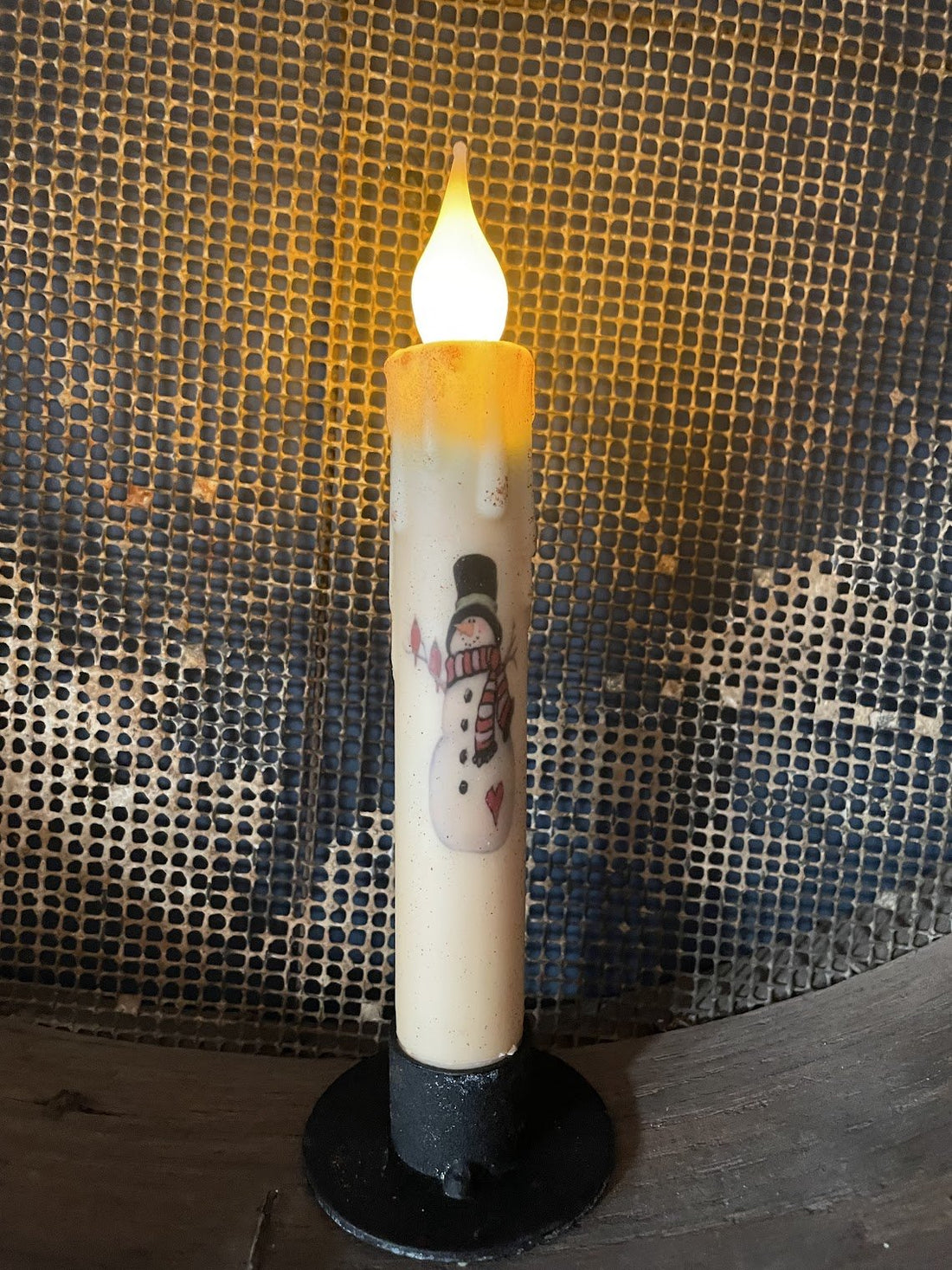 Primitive Handcrafted Christmas 7" Snowman Led Timer Taper Candle - The Primitive Pineapple Collection