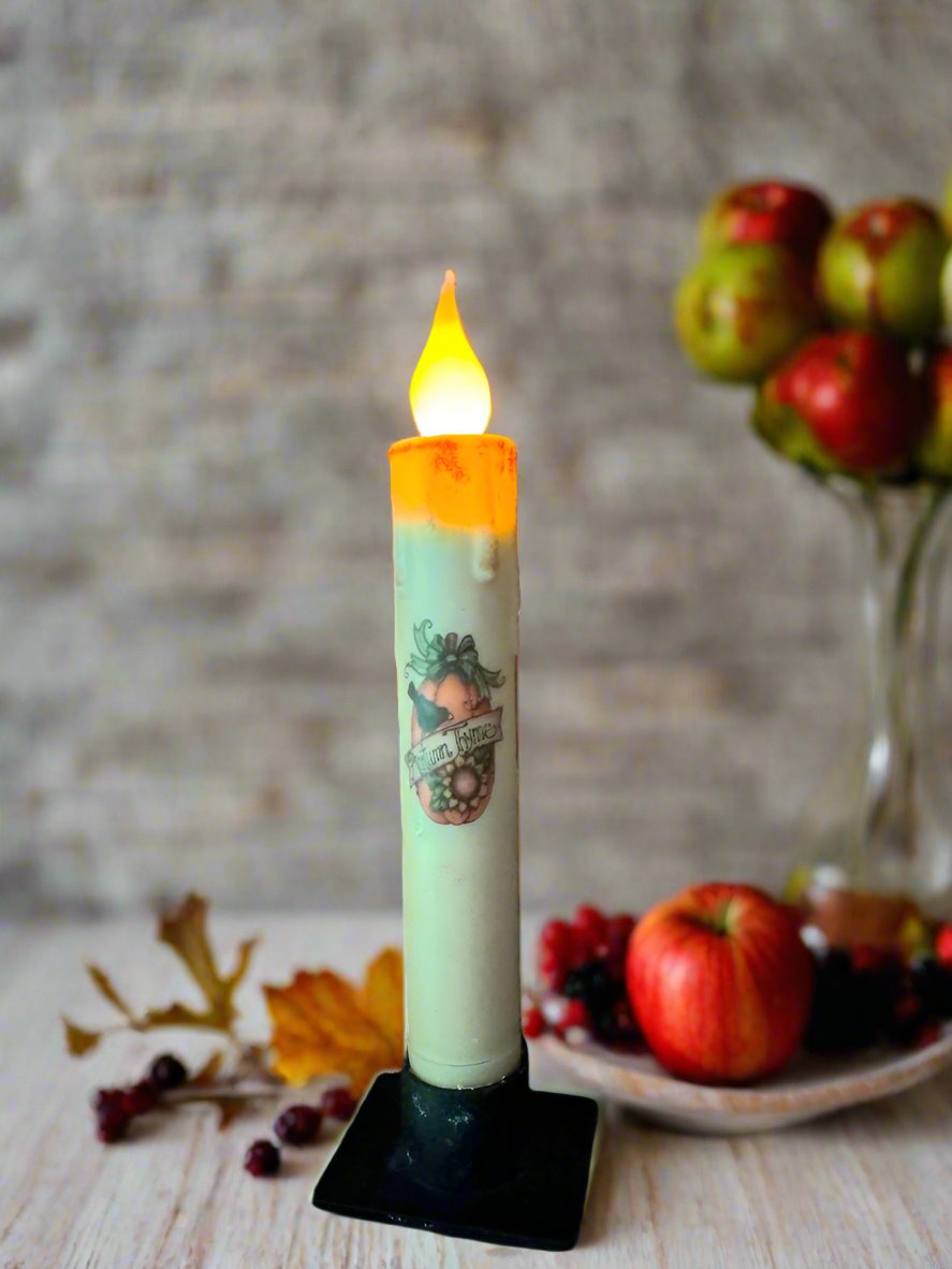 Primitive Handcrafted 7&quot; Autumn Thyme Battery Operated Led Timer Taper Candle