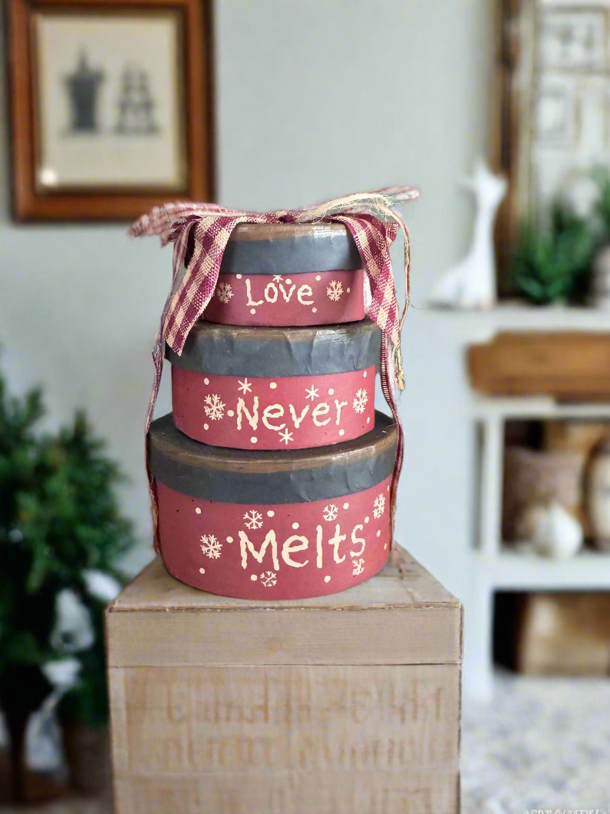 Primitive Farmhouse Stacked Love Never Melts Shaker Box Ornament 4&quot;x3&quot; - The Primitive Pineapple Collection
