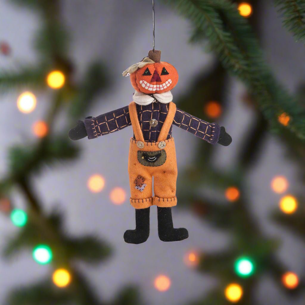 Primitive Halloween Penny Lane Wool Pumpkin Man in Overalls Ornament 9.5&quot; - The Primitive Pineapple Collection