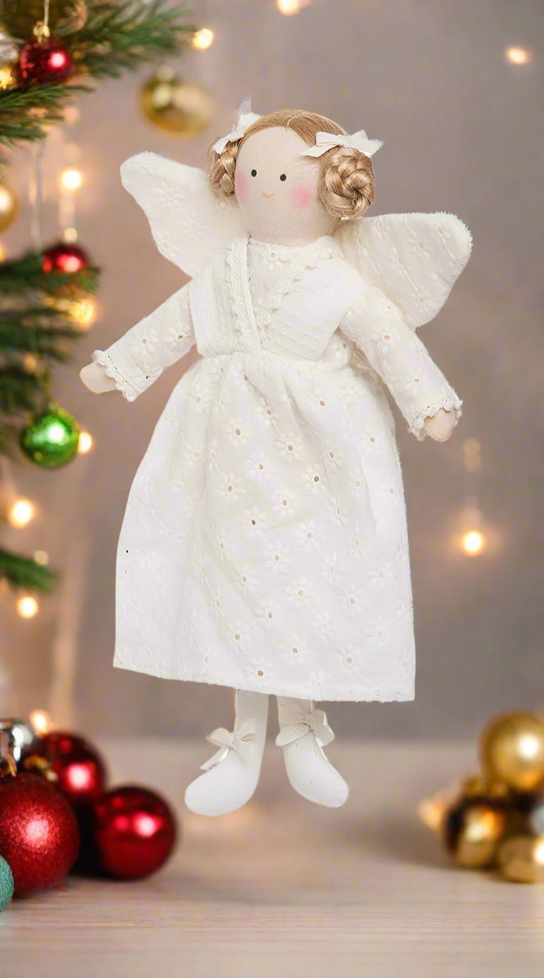 Primitive Farmhouse Cottage Ribbon Angel Doll in Eyelet Dress 12&quot; - The Primitive Pineapple Collection