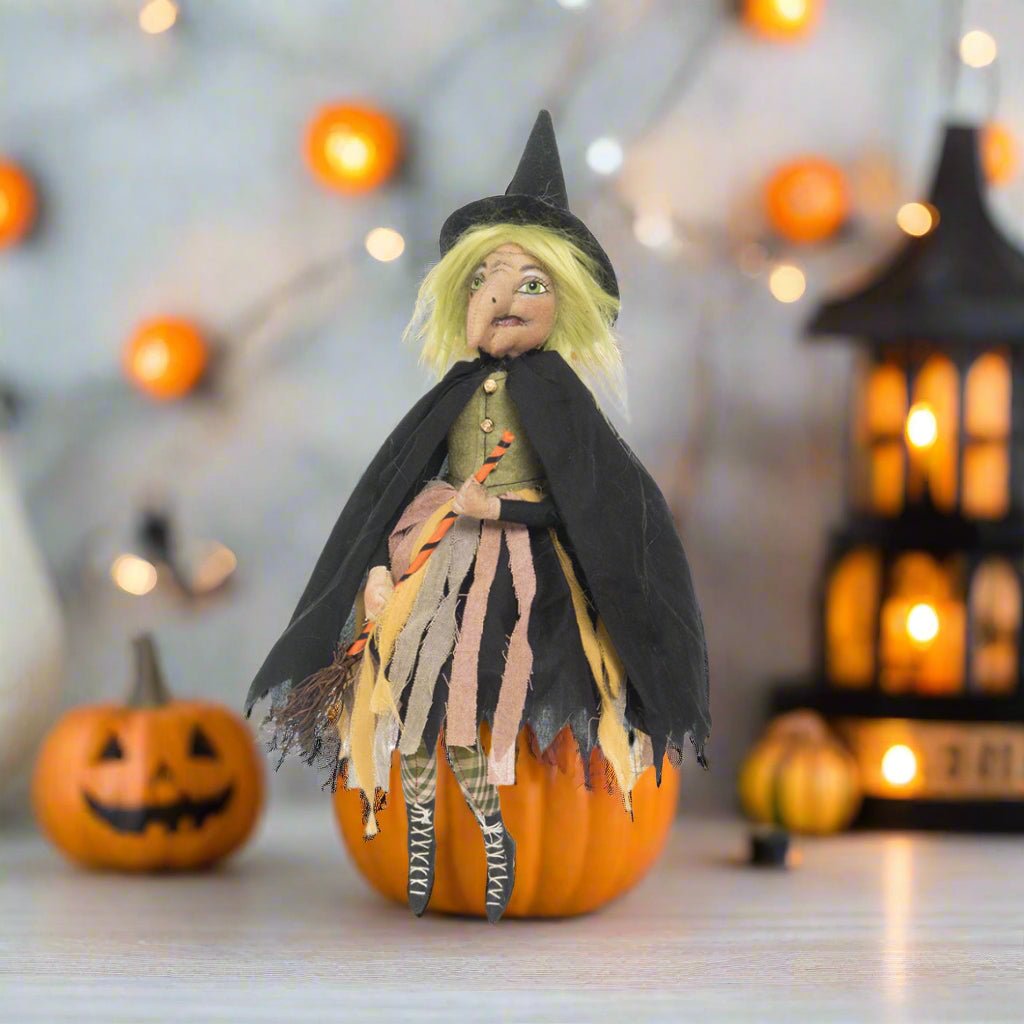 Folk Art Halloween Gathered Traditions Joe Spencer Hortense Little Witch Figurine 16&quot; - The Primitive Pineapple Collection
