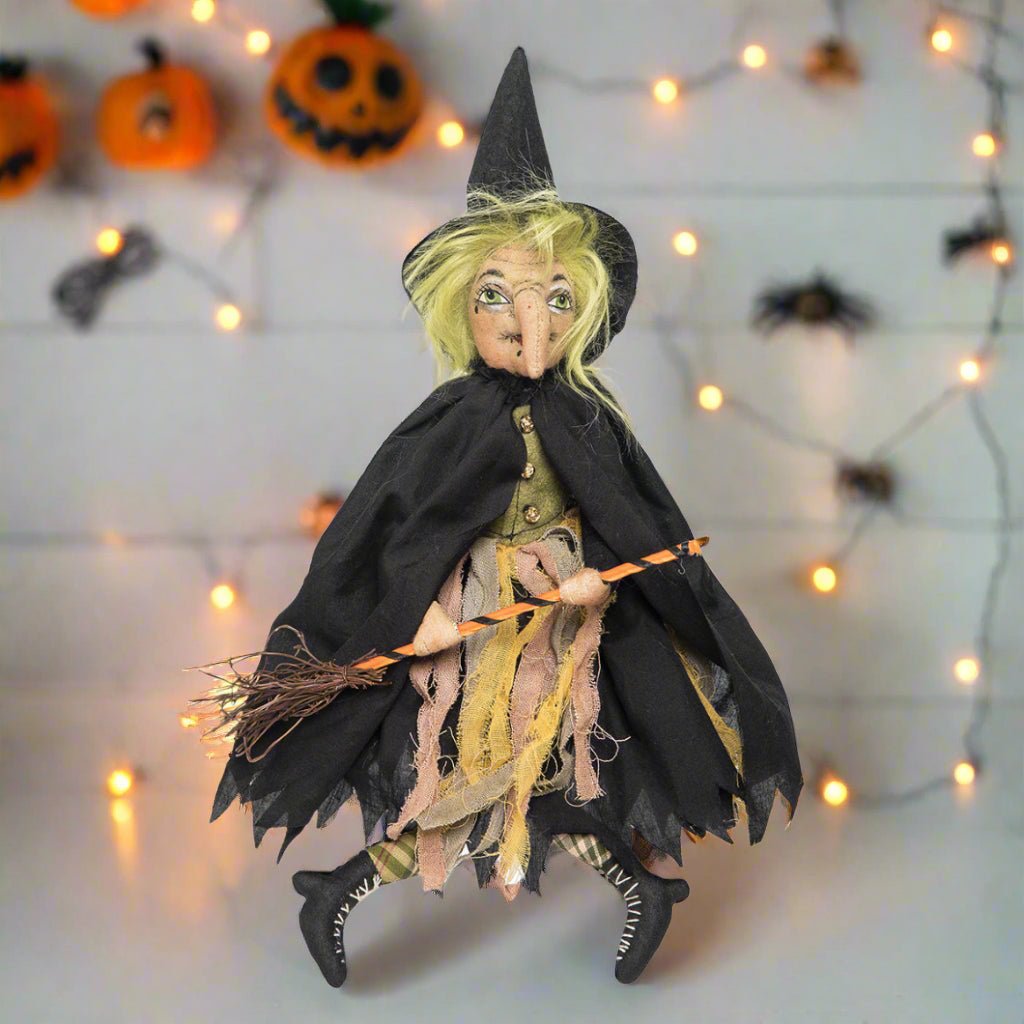 Folk Art Halloween Gathered Traditions Joe Spencer Hortense Little Witch Figurine 16&quot; - The Primitive Pineapple Collection