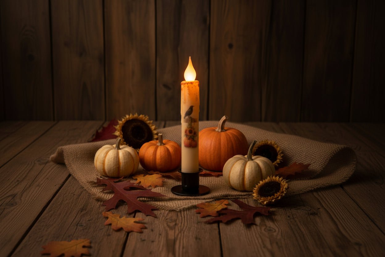 Primitive Handcrafted Crow in the Pumpkin Patch Flickering LED Timer Taper Candle - The Primitive Pineapple Collection