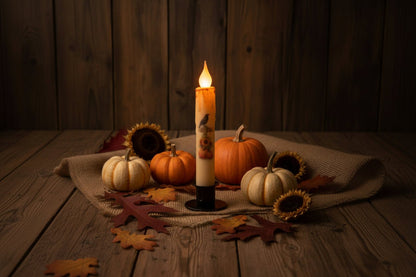 Primitive Handcrafted Crow in the Pumpkin Patch Flickering LED Timer Taper Candle - The Primitive Pineapple Collection