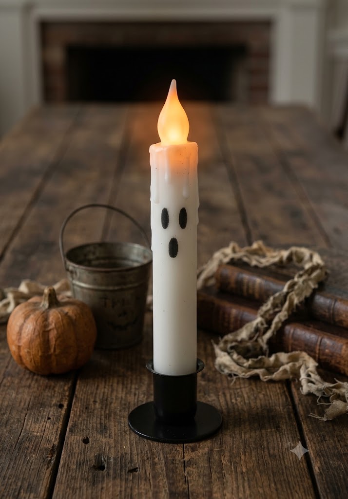 Primitive Handcrafted Ghostly Ghost Battery Flicker LED Timer Taper Candle