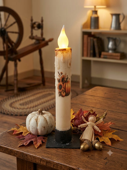 Primitive Handcrafted  Sunflowers and Pumpkin Flicker LED Timer Taper Candle