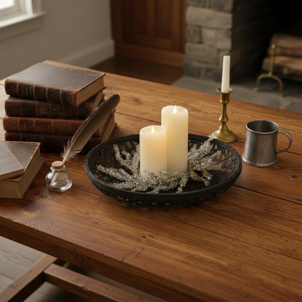 Platinum Bristle Pine &amp; Golden Ball Candle Ring - 6.5" - The Primitive Pineapple Collection