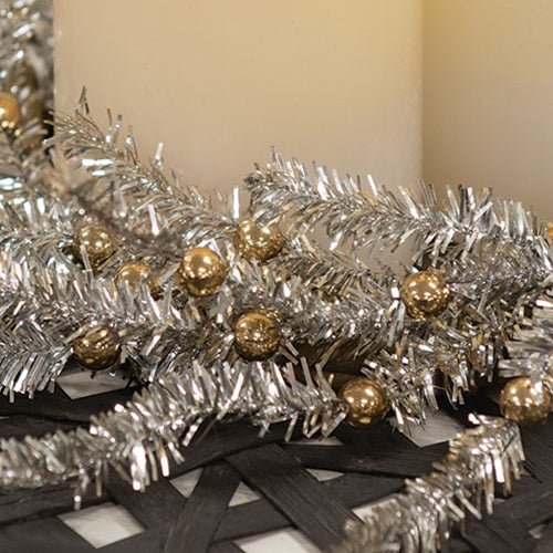 Platinum Bristle Pine &amp; Golden Ball Candle Ring - 6.5" - The Primitive Pineapple Collection