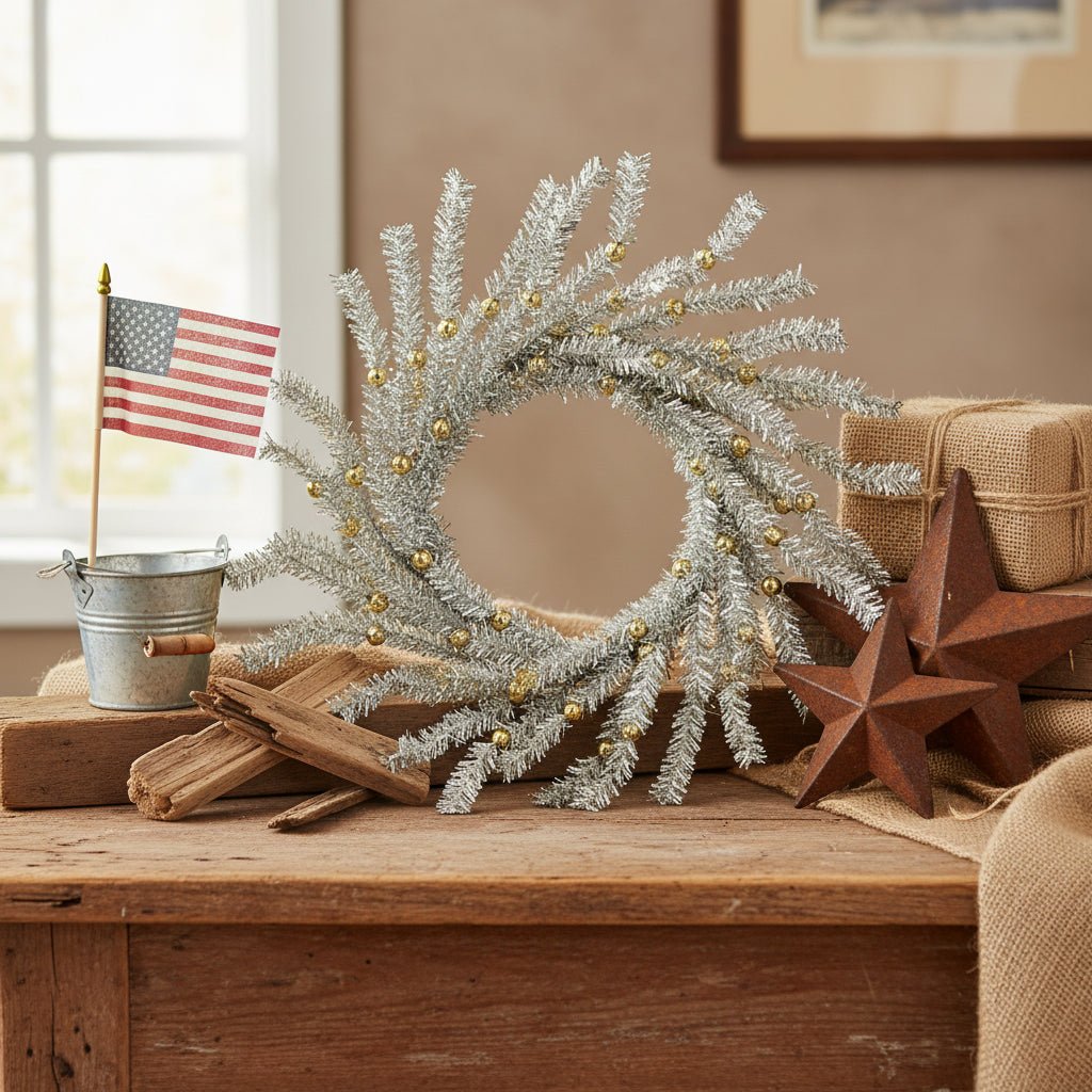 Platinum Bristle Pine &amp; Golden Ball Candle Ring - 6.5" - The Primitive Pineapple Collection