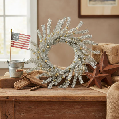 Platinum Bristle Pine &amp; Golden Ball Candle Ring - 6.5" - The Primitive Pineapple Collection