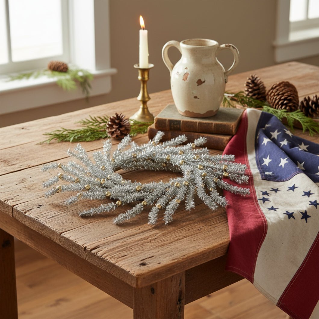 Platinum Bristle Pine &amp; Golden Ball Candle Ring - 6.5" - The Primitive Pineapple Collection