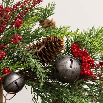 Primitive Christmas 22&quot; Mixed Pine &amp; Pepperberry w/ Bells Wreath - The Primitive Pineapple Collection