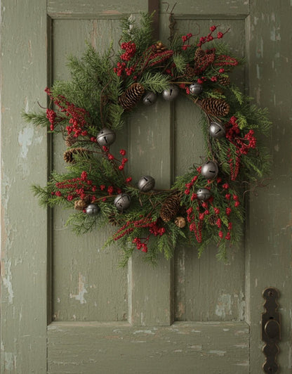 Primitive Christmas 22&quot; Mixed Pine &amp; Pepperberry w/ Bells Wreath - The Primitive Pineapple Collection