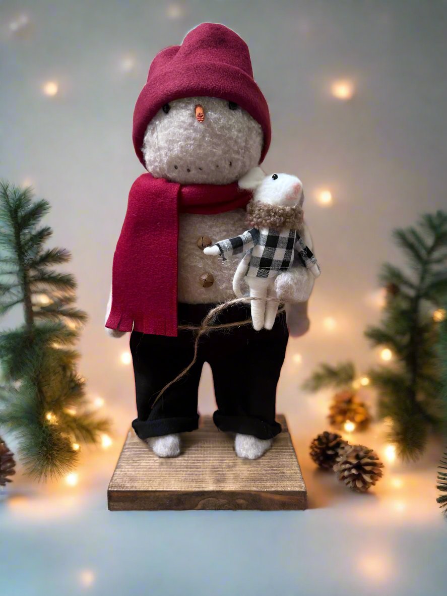 Primitive Handcrafted Christmas Fuzzy Snowman w/ Mouse on Stand 13&quot;