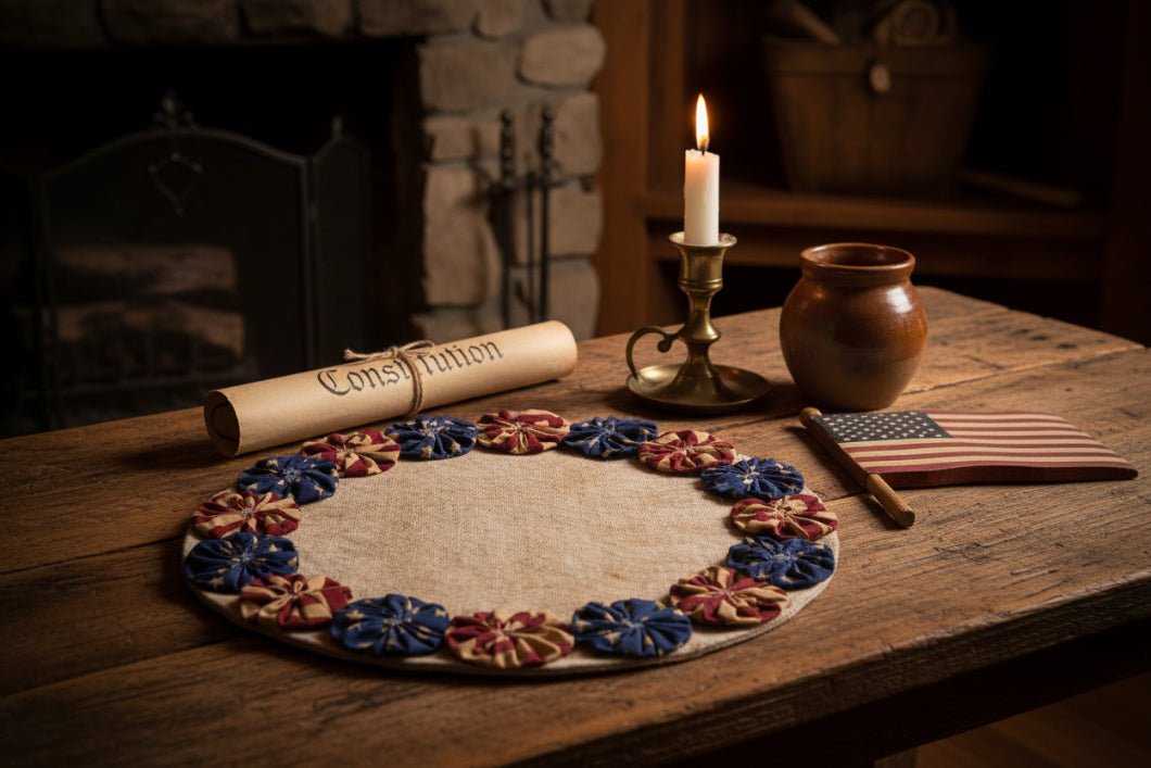 Americana Canvas Candle Mat (13") - Primitive Patriotic Table Decor with Star Pinwheels - The Primitive Pineapple Collection