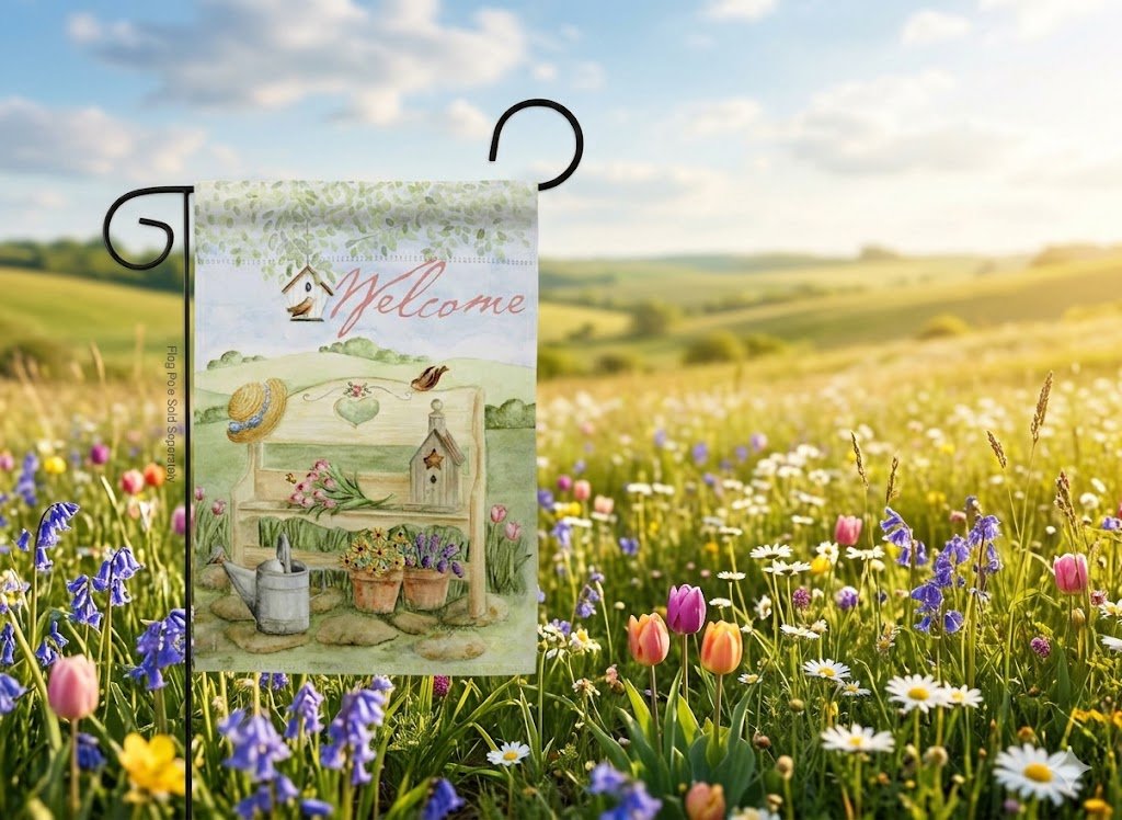 Farmhouse Welcome Garden Bench Floral Garden Flag - The Primitive Pineapple Collection