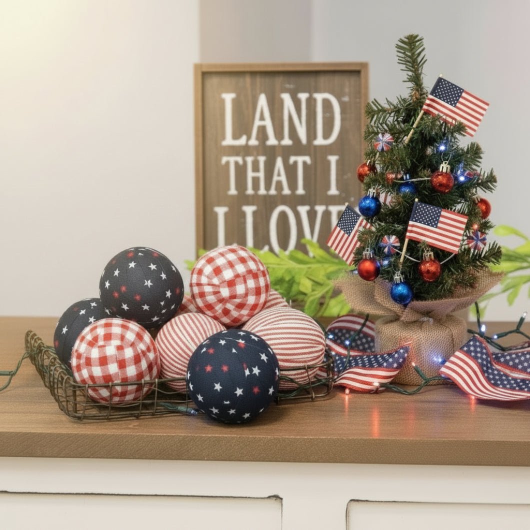 Patriotic 6/Set, Americana 2.5" Gingham Rag Balls Bowl Filler - The Primitive Pineapple Collection