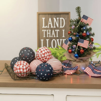 Patriotic 6/Set, Americana 2.5" Gingham Rag Balls Bowl Filler - The Primitive Pineapple Collection