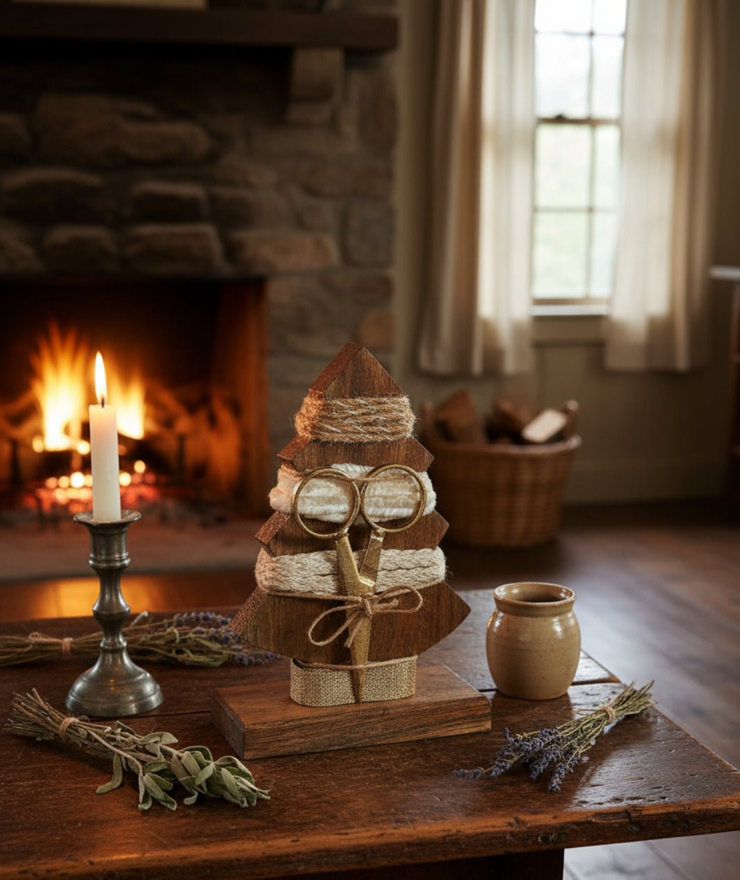 Primitive Champagne Wood Tree w/ Ribbon &amp; Scissor Christmas - The Primitive Pineapple Collection