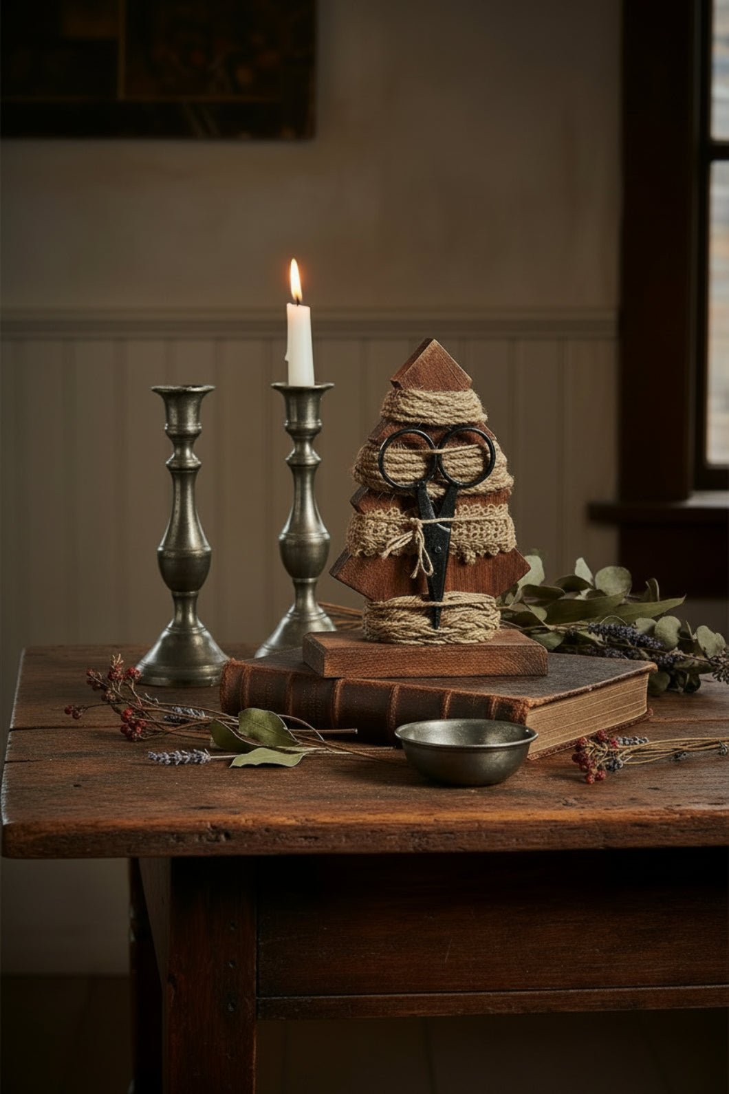 Primitive Natural Wood Tree w/ Ribbon &amp; Scissor Christmas - The Primitive Pineapple Collection