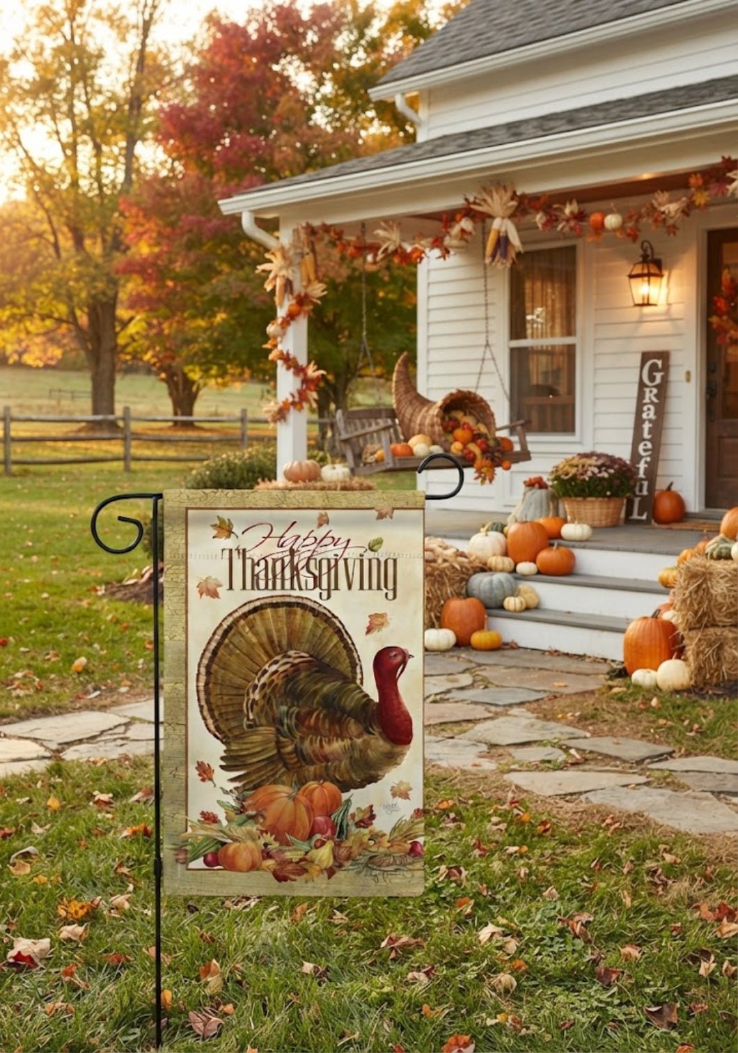 Farmhouse Happy Thanksgiving Turkey Fall Decor Flag - The Primitive Pineapple Collection