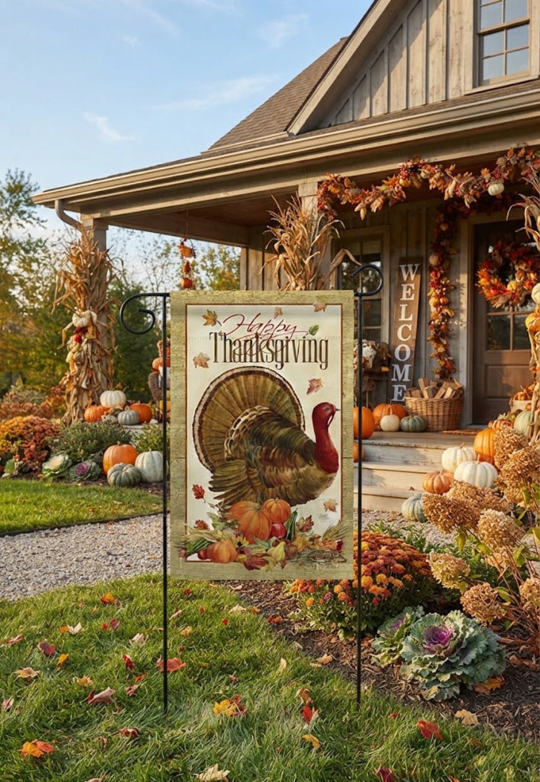 Farmhouse Happy Thanksgiving Turkey Fall Decor Flag - The Primitive Pineapple Collection