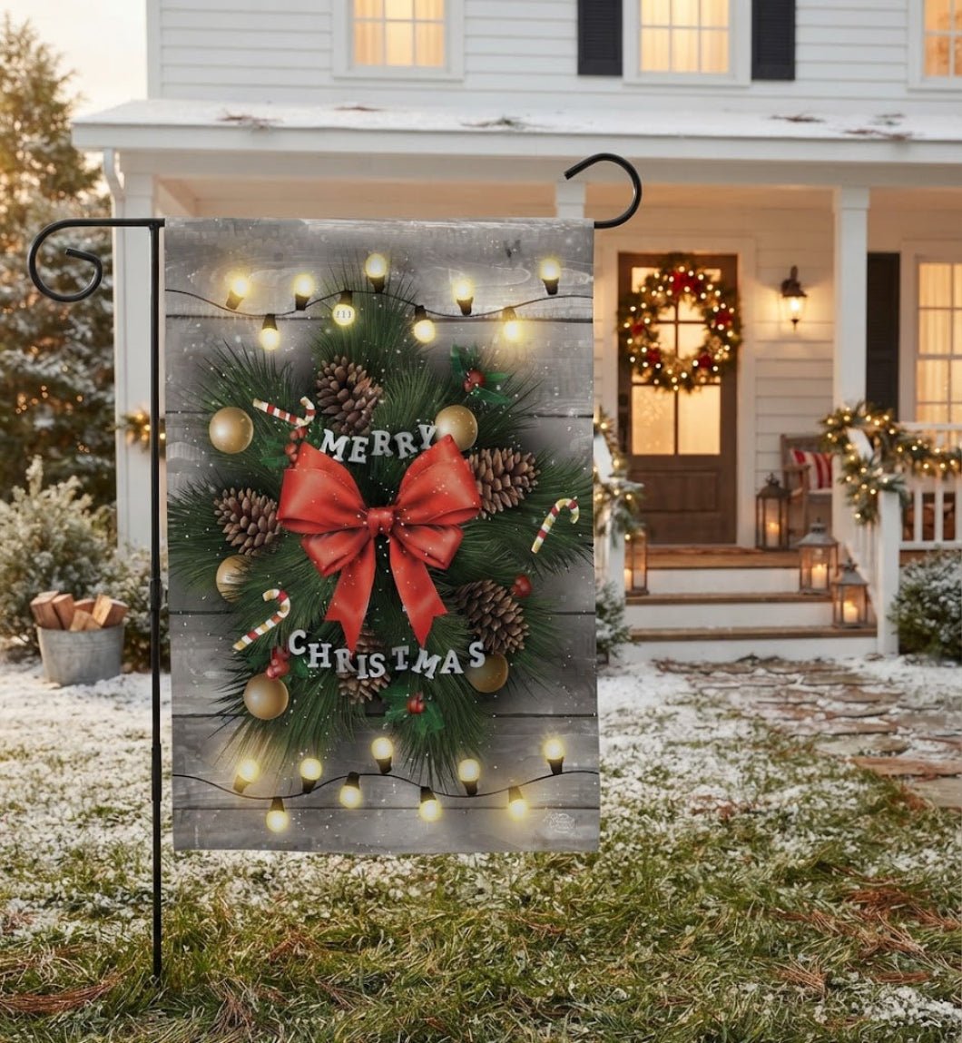Farmhouse Merry Christmas Wreath Garden Flag - The Primitive Pineapple Collection