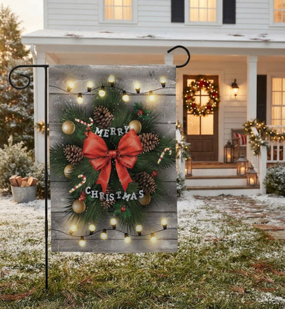 Farmhouse Merry Christmas Wreath Garden Flag - The Primitive Pineapple Collection