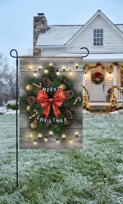 Farmhouse Merry Christmas Wreath Garden Flag - The Primitive Pineapple Collection