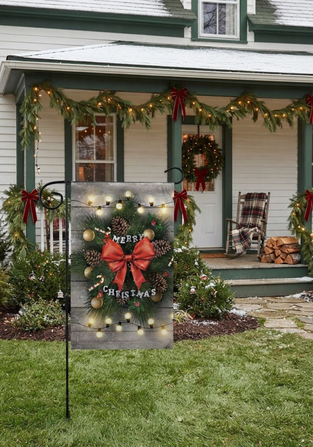 Farmhouse Merry Christmas Wreath Garden Flag - The Primitive Pineapple Collection