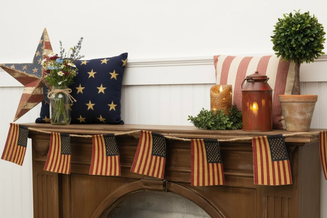 92" Primitive Rustic Americana Flag Garland - Patriotic Burlap Bunting - The Primitive Pineapple Collection