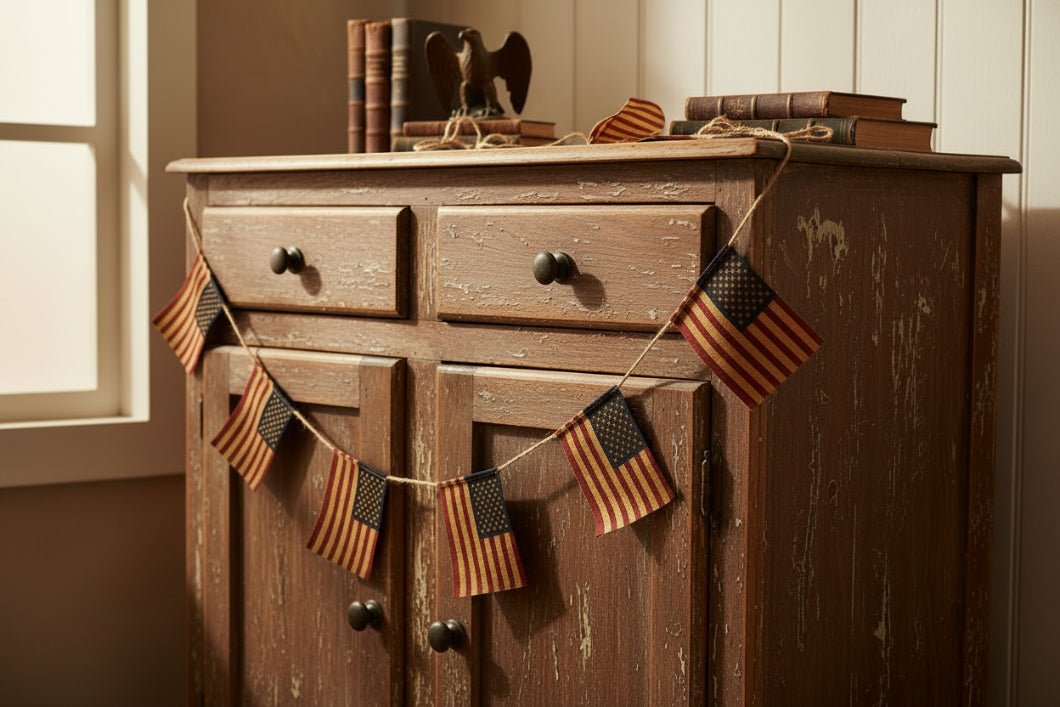 92" Primitive Rustic Americana Flag Garland - Patriotic Burlap Bunting - The Primitive Pineapple Collection