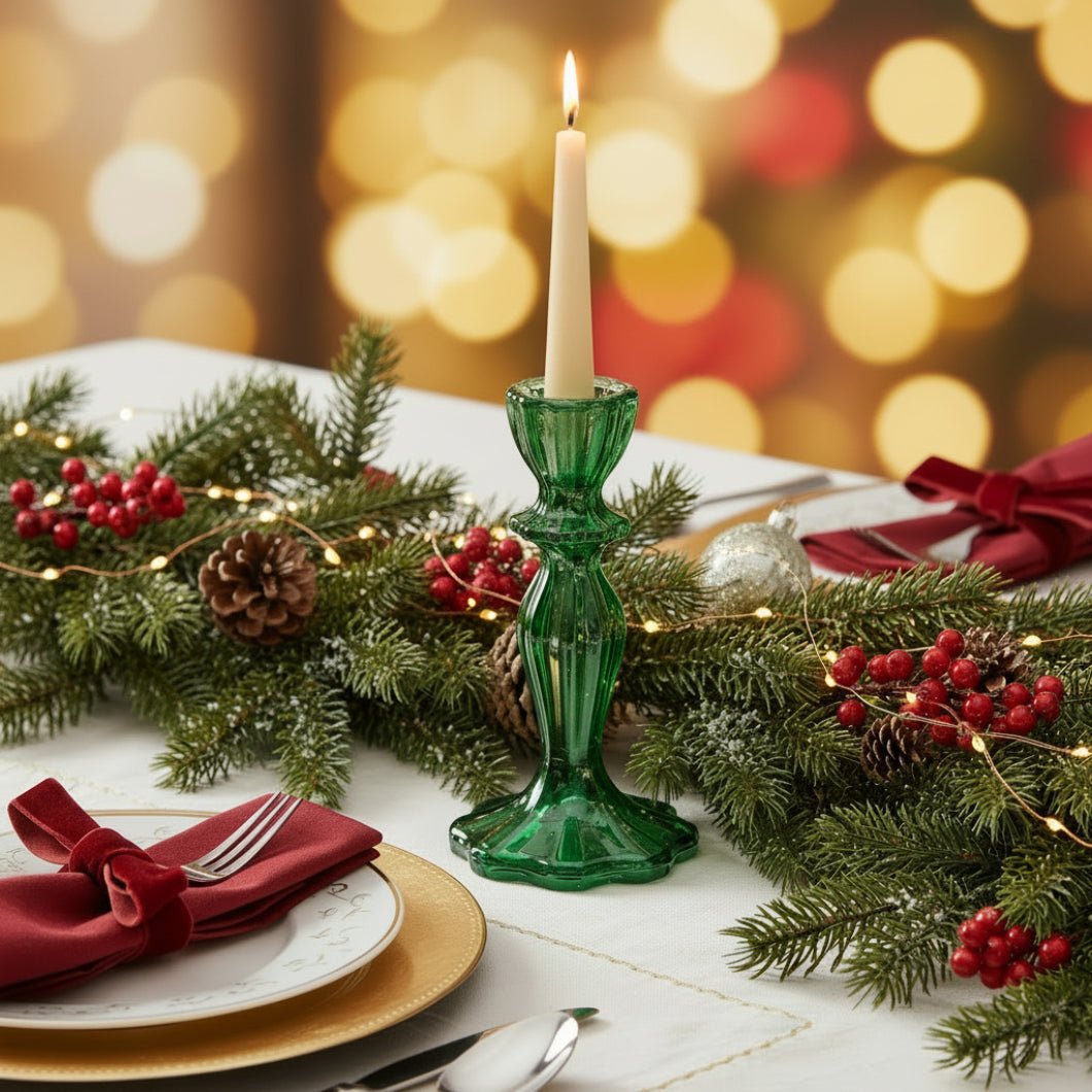 Vintage Look Green Mercury Glass Taper Holder Christmas - The Primitive Pineapple Collection