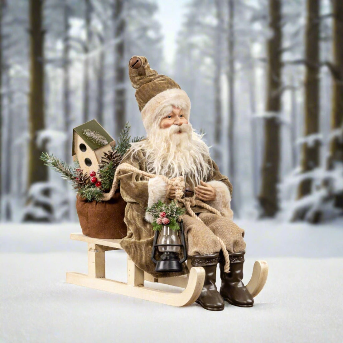 Ragon House 13” Vintage Looking Santa on Sled w/ Olive Green Coat and Lantern - The Primitive Pineapple Collection