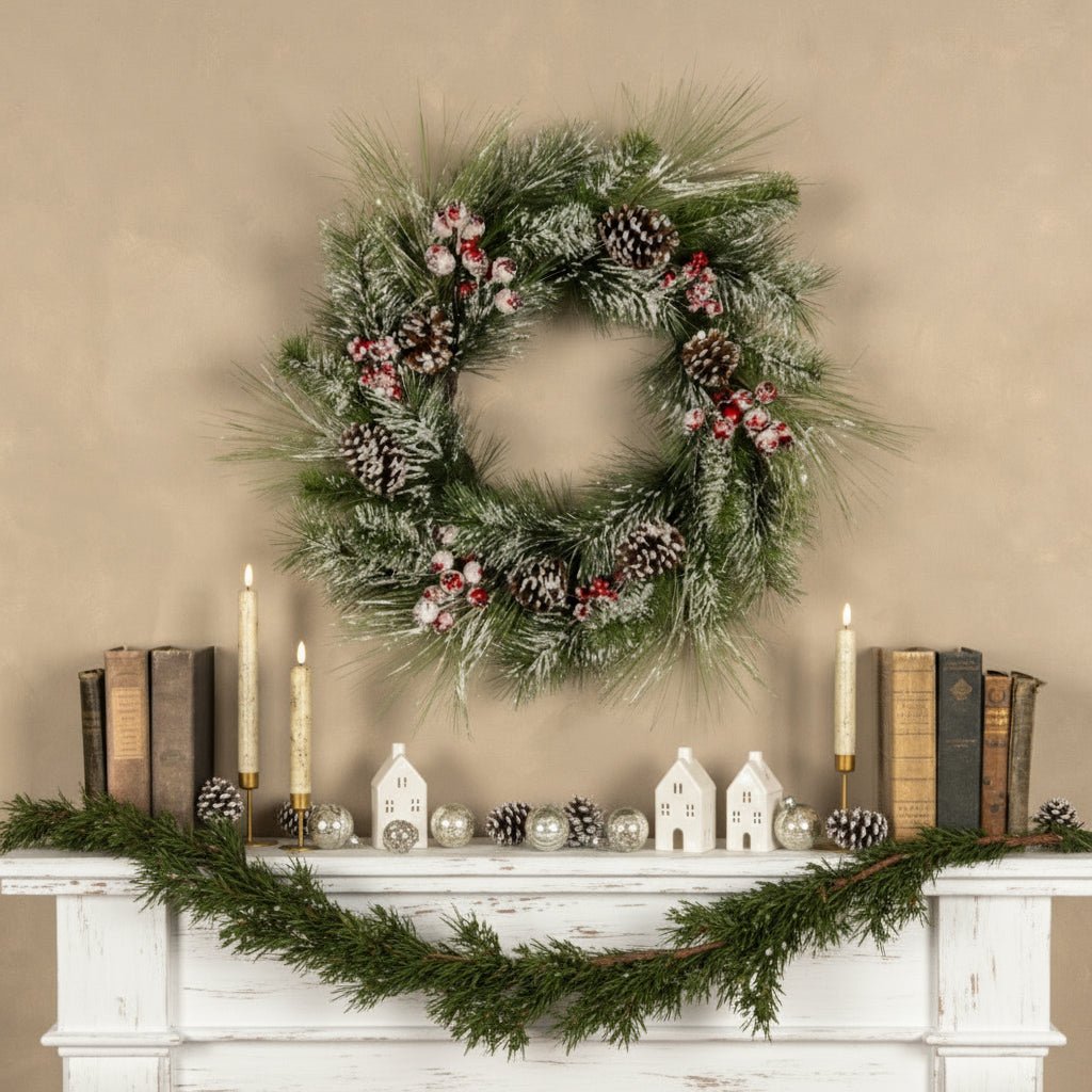 Christmas Ragon House 24&quot; Frosted Pine, Berries and Pinecone Wreath - The Primitive Pineapple Collection