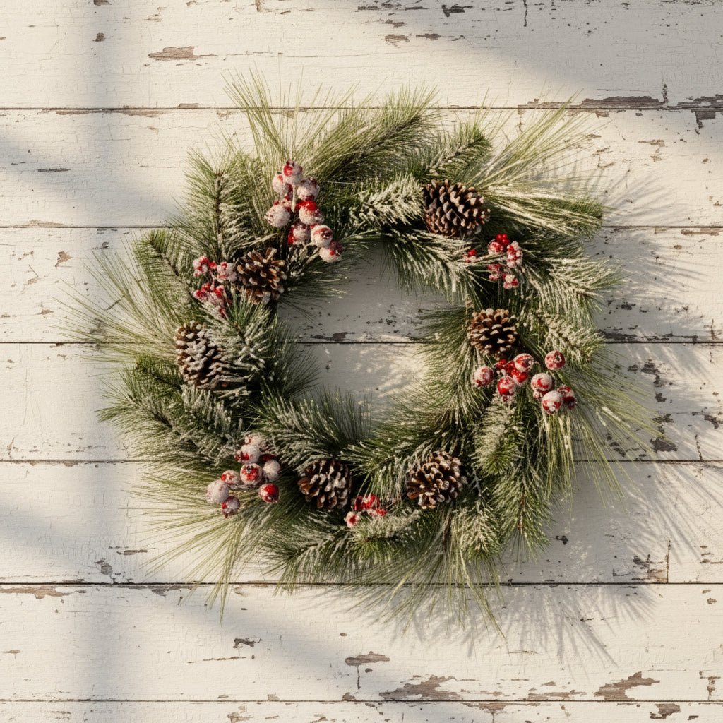Christmas Ragon House 24&quot; Frosted Pine, Berries and Pinecone Wreath - The Primitive Pineapple Collection