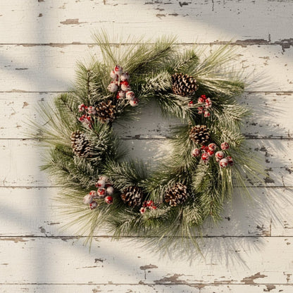 Christmas Ragon House 24&quot; Frosted Pine, Berries and Pinecone Wreath - The Primitive Pineapple Collection