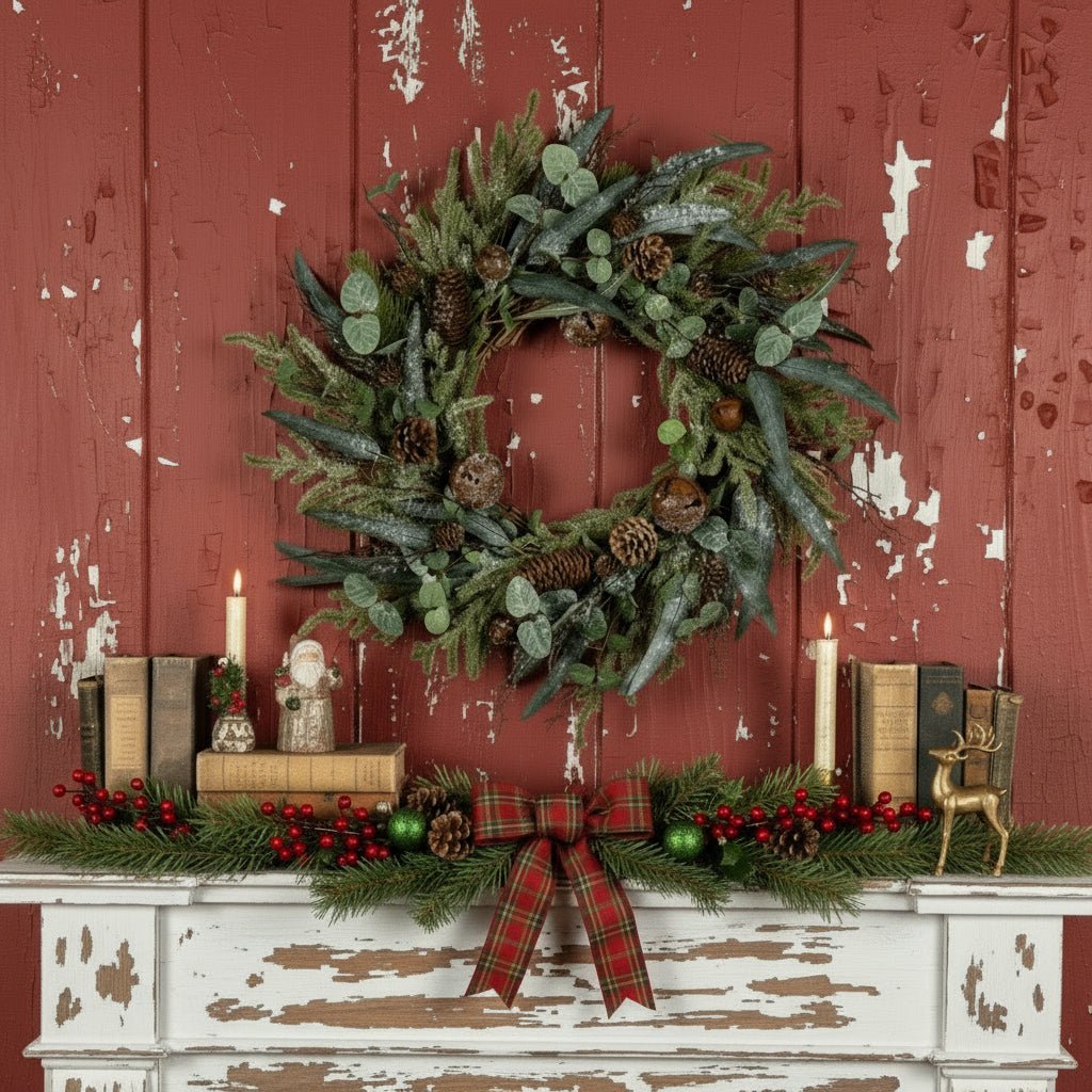 Christmas Ragon House 24&quot; Iced Forest Pinecone and Bell Wreath - The Primitive Pineapple Collection