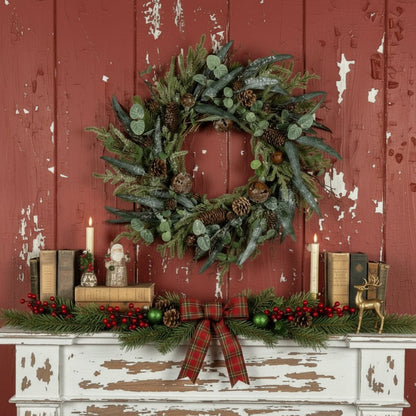 Christmas Ragon House 24&quot; Iced Forest Pinecone and Bell Wreath - The Primitive Pineapple Collection