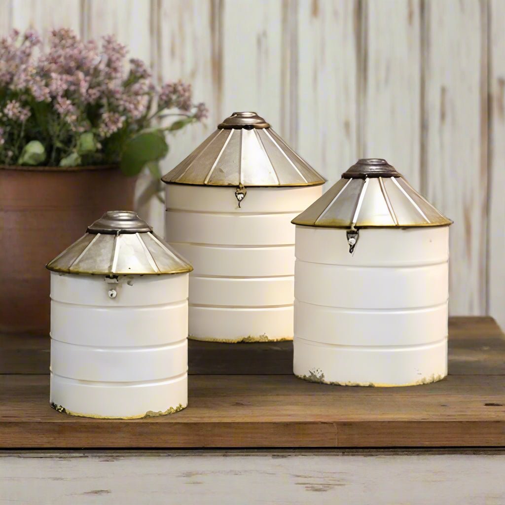 Primitive Farmhouse 3 pc Distressed White Silo Canisters - The Primitive Pineapple Collection