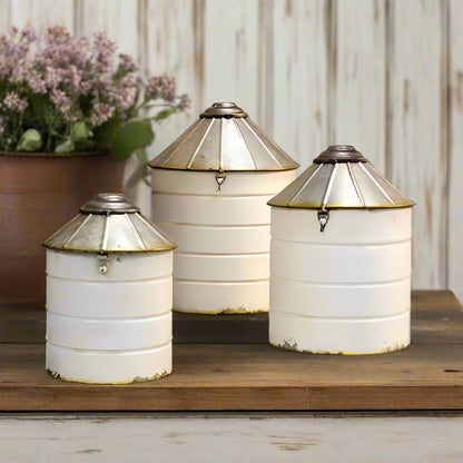 Primitive Farmhouse 3 pc Distressed White Silo Canisters - The Primitive Pineapple Collection