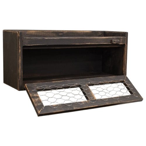 Primitive Handcrafted Distressed Black 11&quot; Counter Box w/Chicken Wire Door - The Primitive Pineapple Collection